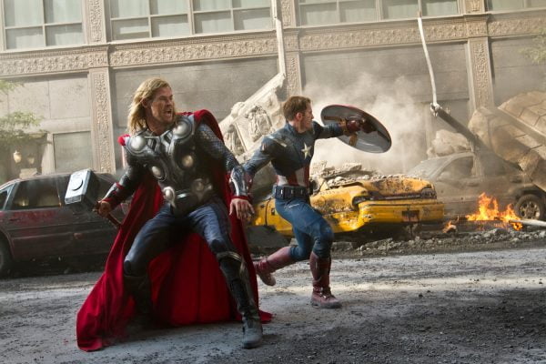 Chris Hemsworth as Thor and Chris Evans as Captain America