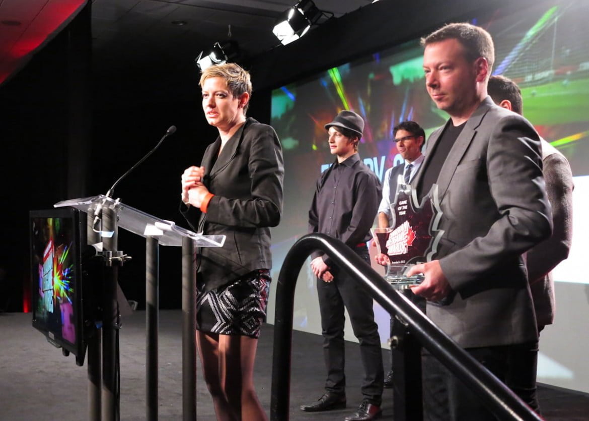 An emotional Anne Gibeault accepts the Game of the Year award for Far Cry 3