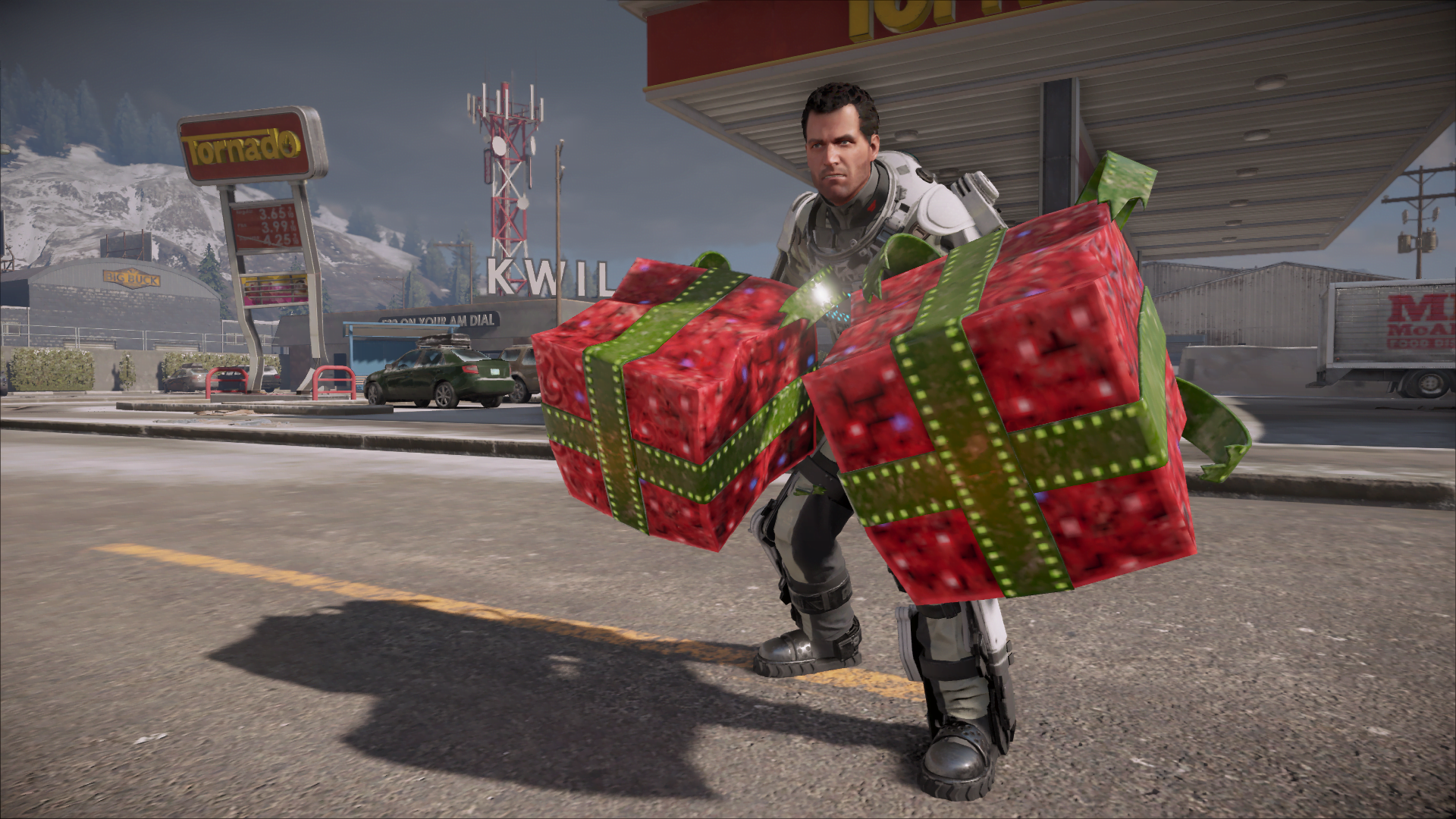 Frank with a Holiday Exo Suit