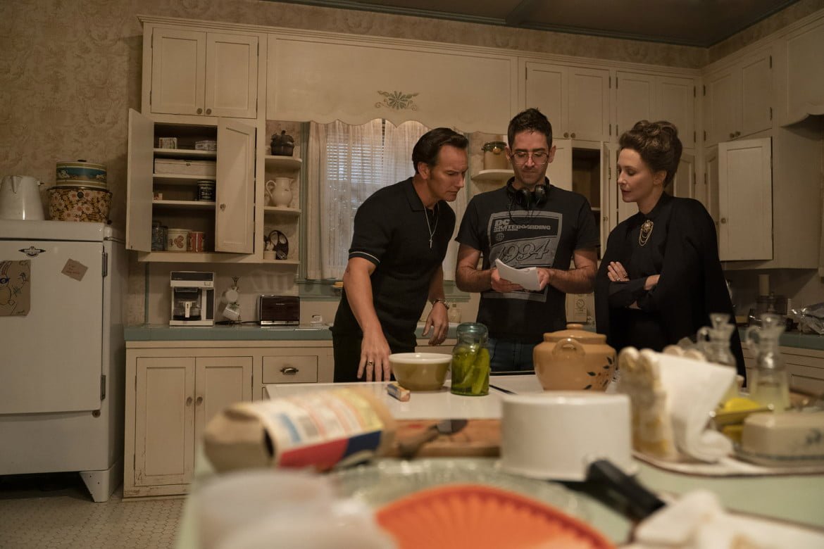 PATRICK WILSON, Director MICHAEL CHAVES and VERA FARMIGA on the set of The Conjuring: The Devil Made Me Do It