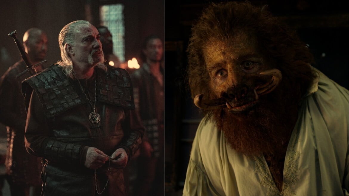 Kim Bodnia as Vesemir and Kristofer Hivju as Nivellen