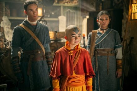 Ian Ousley as Sokka, Gordon Cormier as Aang, and Kiawentiio as Katara