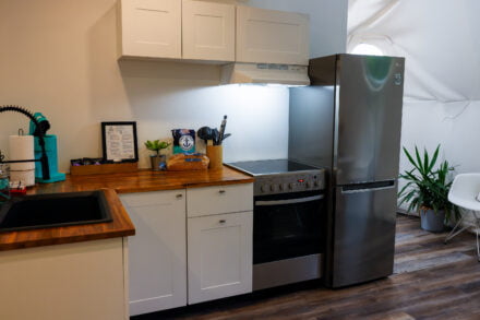 The kitchen in the domes at Wallace River Ranch