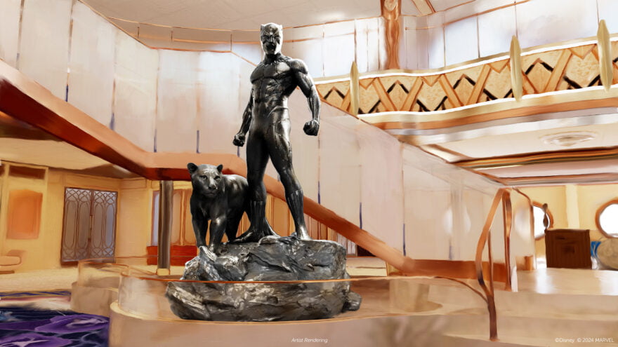 The Grand Hall of the Disney Destiny featuring T’Challa, the Black Panther: King of Wakanda