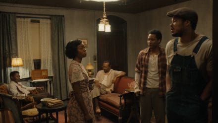 Michael Potts as Wining Boy, Danielle Deadwyler as Berniece, Samuel L. Jackson as Doaker Charles, John David Washington as Boy Willie and Ray Fisher as Lymon in The Piano Lesson