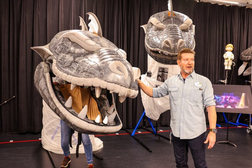 James R. Duncan, puppet specialist (inside the Hydra head) and Jeff Conover, designer and creative director, puppetry