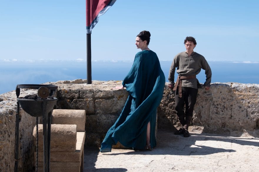 Anne Hathaway as Penelope and Tom Holland as Telemachus in The Odyssey