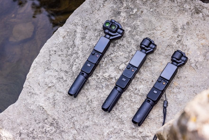 From left to right: The DJI Osmo Pocket 4P, Pocket 4, and Pocket 3